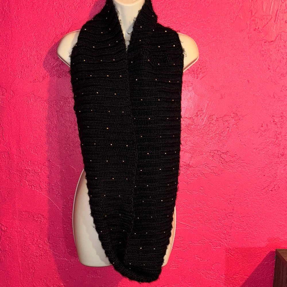 Betsey Johnson Black Knit Infinity Scarf with sparkling silver beads.